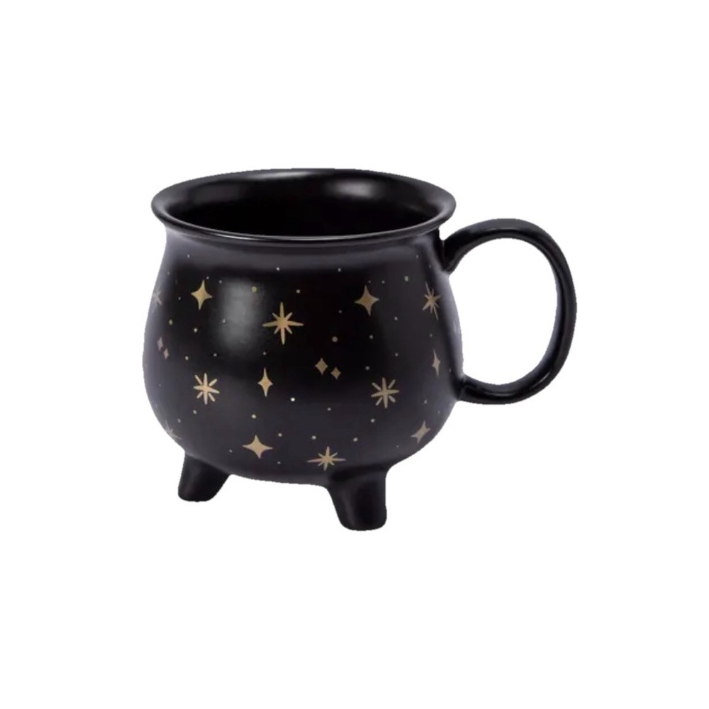 Black Ceramic Cauldron Coffee Mug 16 fl oz Gold Stars, Dishwasher/Microwave Safe